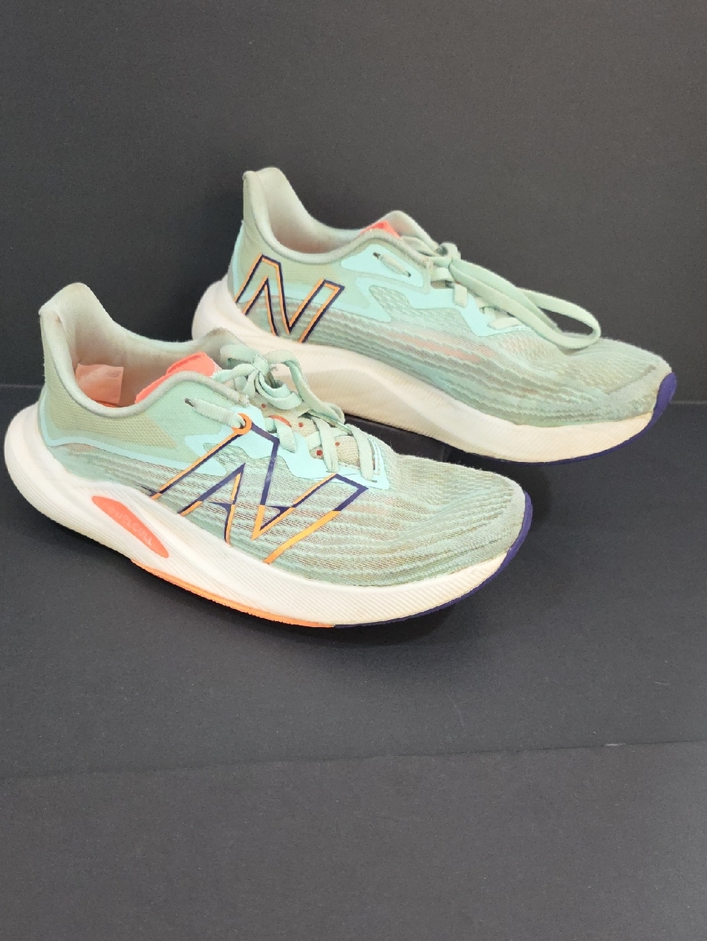 New Balance Fuelcell Rebel Mint Green Shoes with Coral and Purple Trim Size  6